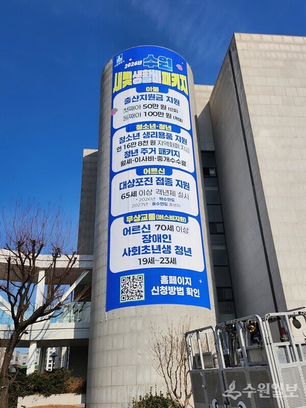 수원시청 청사 외벽에 수원시 새빛 생활비 패키지를 알리는 대형 현수막이 게시돼 있다.(사진=수원시)