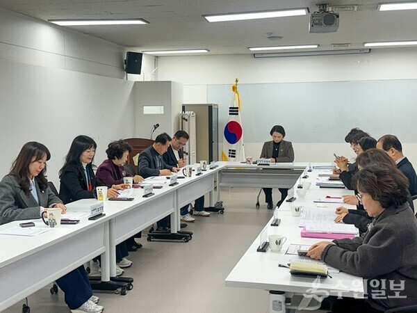 장명희 안양시의회 보사환경위원회 위원장(정면)이 ‘제8기 지역보건의료계획’ 2026년도 시행계획 보고회를 주재하고 있다. (사진=안양시의회)