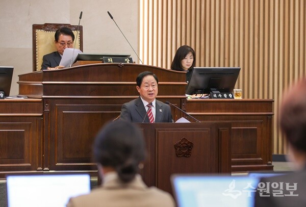 주광덕 남양주시장이 남양주시의회 임시회 제1차 본회의에서 시정연설을 하고 있다. (사진=남양주시)