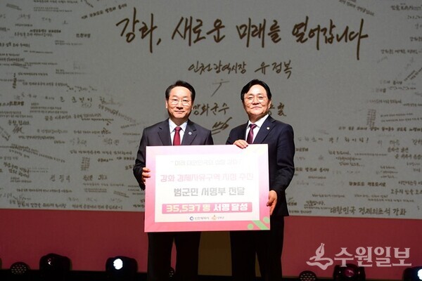 박용철 강화군수(오른쪽)가 유정복 인천시장에게 강화 경제자유구역 지정 추진을 염원하는 범군민 서명부를 전달한 뒤 기념촬영을 하고 있다. (사진=강화군)