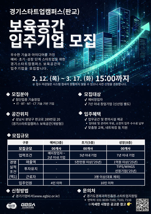 경기스타트업캠퍼스(판교) 보육공간 입주기업 모집 포스터.