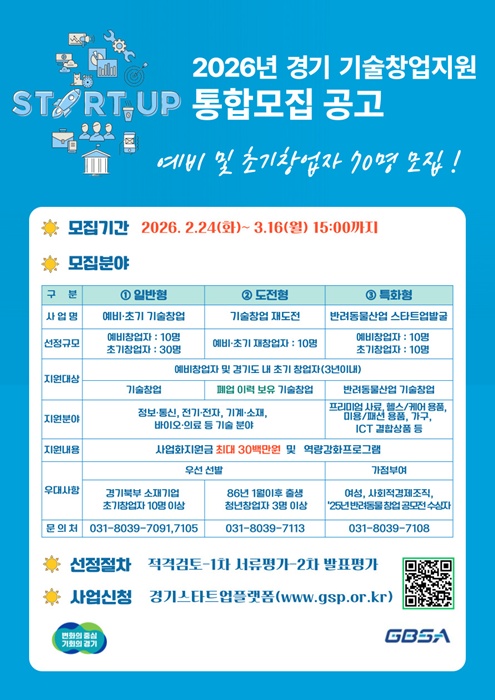 2026년 경기 기술창업지원 통합모집 공고 포스터.