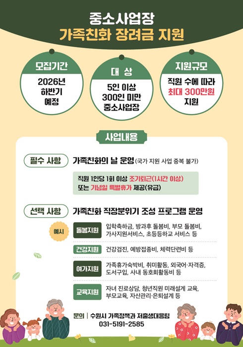 ‘중소사업장 가족친화 장려금 지원사업’ 홍보물. (자료=수원시)