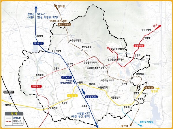 수원시 철도네트워크 이미지. 실선은 구축된 노선, 점선은 구축 중인 노선이다.