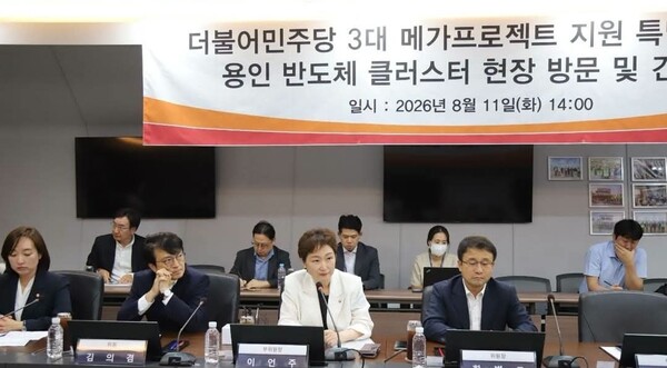 더불어민주당 3대 메가프로젝트 특별위원회 용인 반도체 클러스터 현장방문시 이언주 의원이 발언하고 있다 (이언주 페이스북 캡처)