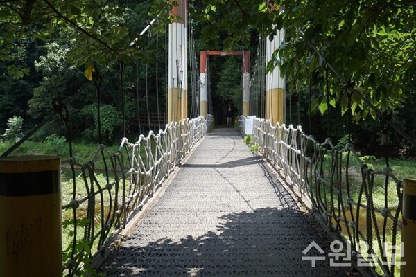 산쪽 잔도 가는길. 광교저수지 상류 현수교(사진=김우영)