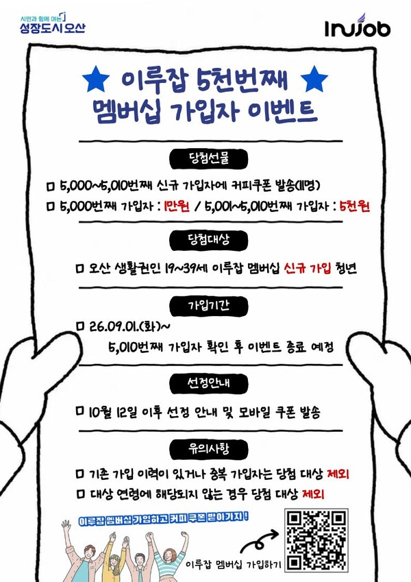 오산청년일자리지원센터 이루잡에서 누적 멤버십 가입자 5천 명 달성 이벤트 진행 홍보문 (오산시 제공)