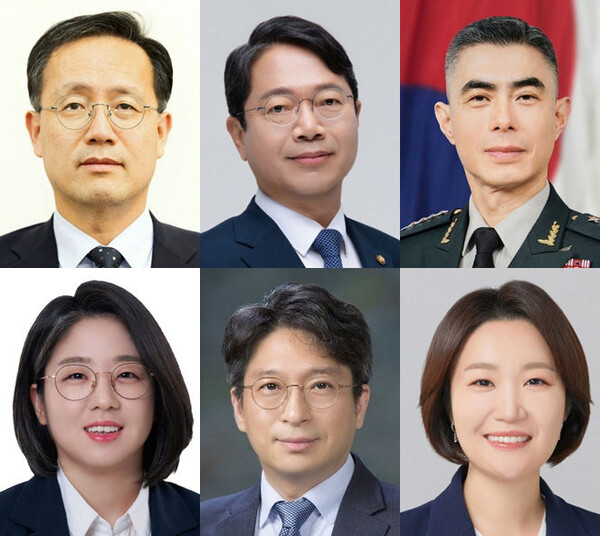 8·30 개각 인사청문회 대상자. 윗줄 왼쪽부터 경제부총리 겸 재정경제부 장관 후보자 이형일 재정경제부 제1차관, 법무부 장관 후보자 김승원 더불어민주당 의원, 국방부 장관 후보자 강신철 전 한미연합사령부 부사령관, 아랫줄 왼쪽부터 성평등가족부 장관 후보자 용혜인 기본소득당 의원, 국토교통부 장관 후보자 홍지선 국토교통부 2차관, 중소벤처기업부 장관 후보자 이소영 더불어민주당 의원. (청와대 제공)